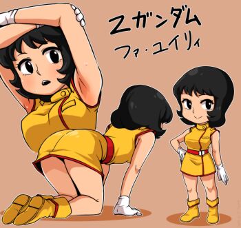 Rule 34 | armpits, black hair, boots, chibi, fa yuiry, female focus, gloves, gundam, military, military uniform, sleeveless, solo, white gloves, yuuya (blue scarab), zeta gundam