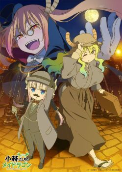 3girls blonde_hair blue_eyes breasts coat detective evil_smile fake_facial_hair fake_mustache formal_clothes hat horns jacket kanna_kamui kobayashi-san_chi_no_maidragon large_breasts looking_at_viewer lucoa_(maidragon) monocle multiple_girls official_art one_eye_closed open_mouth orange_hair red_eyes sandals shoes smile standing suit tohru_(maidragon)