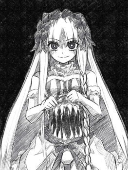 1girl bare_shoulders black_background bow braid breasts bright_pupils closed_mouth commentary_request cowboy_shot creepy detached_sleeves evil_smile extra_mouth eyelashes fate/strange_fake fate_(series) francesca_prelati_(fate) frills greyscale hair_bow hatching_(texture) highres keints leotard lifting_own_clothes light_blush linear_hatching long_hair long_sidelocks long_sleeves looking_at_viewer medium_breasts middle_part misplaced_mouth monochrome multiple_hair_bows neck_ruff parted_bangs partially_shaded_face revision ribbon saliva saliva_trail sharp_teeth showgirl_skirt sidelocks simple_background single_braided_sidelock smile solo standing stomach_mouth straight-on straight_hair striped_clothes striped_leotard teeth upturned_eyes vertical-striped_clothes vertical-striped_leotard very_long_hair very_long_sidelocks