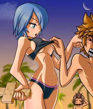 1girl 2012 2boys angry aqua_(kingdom_hearts) artist_logo artist_name assisted_exposure bad_tag beach bikini black_bikini blonde_hair blue_hair blush breasts brown_hair cameltoe cleavage closed_eyes clothes_lift cloud cloudy_sky crescent_moon ear_visible_through_hair eyebrows eyebrows_visible_through grabbing_another's_ear gradient_background groin hair_over_one_eye hand_on_another's_ear hand_on_own_hip kingdom_hearts kingdom_hearts_birth_by_sleep leaning_back lifting_another's_clothes logo mauroz midriff moon multicolored_bikini multiple_boys navel open_mouth palm_tree partially_visible_vulva removing_bikini_top shirtless_male signature skindentation sky sky_gradient sports_bikini sports_bra sports_bra_lift stomach strapless sweat sweatdrop swimsuit swimsuit_lift swimsuit_tug sword tank_top teeth terra_(kingdom_hearts) tight_clothes tree tube_top two-tone_bikini two_tone_bikini_bottom underboob ventus_(kingdom_hearts) weapon wooden_sword