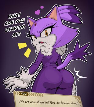 1girl angry animal_ears animal_nose ass blaze_the_cat cat_ears cat_girl cat_tail dress english_text eyelashes forehead_jewel fur-trimmed_dress fur-trimmed_gloves fur_trim furry furry_female gloves hairband heart high_ponytail highres looking_at_viewer looking_back multicolored_hair ponytail purple_dress purple_fur purple_hair sirsmolnsfw sonic_(series) speech_bubble tail the_murder_of_sonic_the_hedgehog topknot two-tone_fur two-tone_hair user_interface white_gloves yellow_eyes