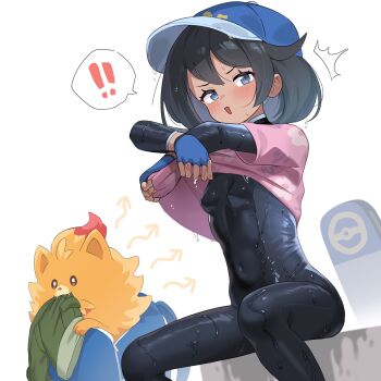 Rule 34 | !, !!, 1girl, ^^^, backpack, bag, black bodysuit, black hair, blue eyes, blue gloves, blush, bodysuit, breasts, clothes lift, commentary request, covered navel, dog, fangs, female protagonist (pokemon ww), fingerless gloves, floral print, fluffy, gloves, green shorts, highres, in bag, in container, nintendo, orange fur, pink shirt, pokemon, pokemon (creature), pokemon ww, pombon, shirt, shirt lift, short hair, shorts, sitting, small breasts, spoken exclamation mark, surprised, sweat, tan, undressing, unizou, unworn shorts, very sweaty