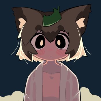 1girl animal_ears backlighting black_eyes blush bright_pupils brown_hair closed_mouth flat_chest highres leaf leaf_on_head loli looking_at_viewer open_clothes open_shirt original raccoon_ears raccoon_girl see-through_clothes see-through_shirt shirt solo tareme ugif upper_body white_pupils white_shirt