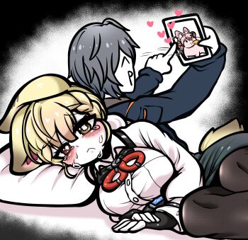 1boy 1girl absurdres alice_thymefield animal_ear_fluff animal_ears black_gloves blonde_hair blue_jacket breasts brown_pantyhose carrot commentary_request crying crying_with_eyes_open eating fingerless_gloves gloves green_skirt grey_hair hair_ornament head_on_pillow heart heterochromia highres holding holding_phone jacket korean_commentary large_breasts lying on_side pantyhose phone pillow rabbit_ears rabbit_girl rabbit_tail red_eyes shirt short_hair skirt sphere_hair_ornament tail tears uncolorcube white_shirt wise_(zenless_zone_zero) yellow_eyes zenless_zone_zero zhao_(zenless_zone_zero)