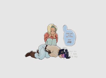 1boy 1girl absurdres alternate_costume android android_17 android_18 belt black_hair blonde_hair blue_eyes blue_pants bowl_cut brown_belt brown_gloves brown_shoes brown_socks cal_monssi clenched_teeth closed_eyes colored_speech_bubble dragon_ball dragonball_z frown furrowed_brow gloves green_pants half-closed_eyes hand_on_own_chin head_rest highres holding_stomach kneeling long_sleeves looking_at_another looking_down loose_hair_strand lowered_eyelids on_floor pants patterned_clothing red_shirt red_sweater shaking shirt shoes short_hair siblings side_part socks speech_bubble sweat sweater talking teeth white_background yellow_shirt