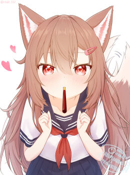 1girl animal_ear_fluff animal_ears brown_hair food hair_between_eyes hair_ornament hairclip hashtag-only_commentary heart highres long_hair looking_at_viewer neckerchief original pleated_skirt pocky rade_(rade_552) red_eyes red_neckerchief sailor_collar school_uniform serafuku shirt short_sleeves skirt solo tail twitter_username watermark white_background white_shirt wolf_ears wolf_girl wolf_tail