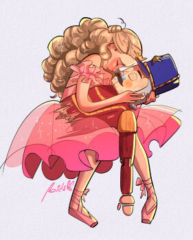 1girl absurdres azrakon ballerina ballet barbie_(character) barbie_(franchise) barbie_in_the_nutcracker blonde_hair bow clara_(barbie) crown dress eric_(barbie_in_the_nutcracker) frills highres long_hair pink_dress princess ribbon ringlets sparkle tiara tutu