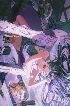 1girl absurdres apron black_apron black_hair bouquet canvas_(object) commentary english_commentary flower highres long_hair looking_at_viewer lying naked_apron on_back original paint_can paint_on_body paint_palette paintbrush ruda_(ruda_e) solo