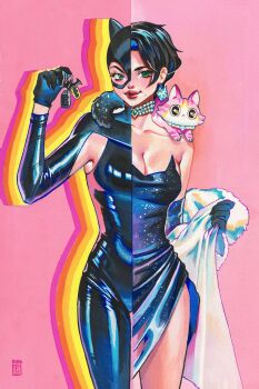 1girl :&lt; absurdres animal animal_on_shoulder batarang batman_symbol black_hair breasts cat catwoman cleavage collarbone comic_cover cowboy_shot dc_comics dress gloves green_eyes highres holding jewelry key large_breasts looking_at_viewer mole mole_under_mouth necklace official_art pink_background rian_gonzales selina_kyle short_hair simple_background skin_tight solo split_theme strapless strapless_dress superhero_costume textless_version thigh_gap traditional_media