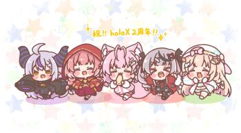 >_< 5girls :d ^_^ absurdres animal_ear_fluff animal_ears backwards_hat baseball_cap black_bow black_dress black_shoes black_skirt black_thighhighs blush_stickers bottle bow braid braided_bangs brown_eyes brown_hair capelet chibi closed_eyes colored_shadow commentary_request crop_top dress grey_hair hair_bow hakui_koyori hakui_koyori_(summer) hat highres holding holding_bottle hololive holox hood hood_up hooded_capelet horns jacket kazama_iroha kazama_iroha_(street) la+_darknesss la+_darknesss_(1st_costume) long_hair long_sleeves midriff mitarashi_neko multicolored_hair multiple_girls navel open_clothes open_jacket open_mouth pink_hair pointy_ears puffy_long_sleeves puffy_sleeves purple_hair purple_skirt red_capelet red_jacket sakamata_chloe sakamata_chloe_(jirai_kei) shadow sharp_teeth shoes shorts skirt sleeves_past_fingers sleeves_past_wrists smile star_(symbol) streaked_hair tail takane_lui teeth thighhighs twintails very_long_hair virtual_youtuber white_background white_hat white_jacket white_shoes white_shorts xd
