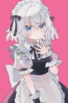 1girl apron black_bow black_bowtie black_nails blue_eyes blush bow bowtie braid commentary_request green_bow grey_hair hair_bow hiyuu_(hiyualice) izayoi_sakuya long_hair looking_at_viewer maid maid_headdress open_mouth pink_background simple_background solo touhou twin_braids waist_apron wrist_cuffs