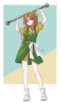 Rule 34 | 1girl, :d, bow, buttons, clothing request, commentary, green skirt, green vest, hair bow, hat, highres, holding, kashiwada kiiho, long hair, looking at viewer, open mouth, orange (touhou), orange eyes, orange hair, sash, shirt, shoes, short sleeves, shorts, signature, single sidelock, skirt, smile, solo, standing, touhou, twirl baton, vest, white bow, white sash, white shoes, yellow hat, yellow shirt, yellow shorts