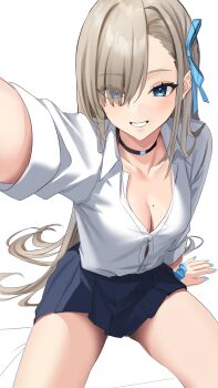 1girl :d absurdres asuna_(blue_archive) asuna_(school_uniform)_(blue_archive) black_choker black_skirt blonde_hair blue_archive blue_eyes blue_nails blue_ribbon blue_scrunchie breasts button_gap choker cleavage collarbone collared_shirt commentary cowboy_shot dress_shirt eyelashes eyes_visible_through_hair foreshortening grin hair_over_one_eye hair_over_shoulder hair_ribbon hair_spread_out highres large_breasts leaning_forward light_blush long_hair looking_at_viewer miniskirt nail_polish official_alternate_costume one_eye_covered open_mouth partially_unbuttoned pleated_skirt pov ribbon school_uniform scrunchie shirt sidelocks simple_background sitting skirt smile solo straight_hair very_long_hair white_background white_shirt wrist_scrunchie yuteke_key