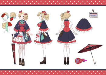 1girl black_shoes black_skirt blind blonde_hair blue_eyes character_name closed_mouth commentary densetsu.exe drill_hair english_commentary highres id_card kink_(tortoiseshell) looking_at_viewer medium_hair official_art one_side_up red_shirt reference_sheet shirt shoes skirt smile solo thighhighs umbrella victoria_roman white_thighhighs