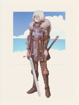 1girl absurdres armor armored_boots blue_border blue_eyes blue_theme bob_cut boots border cloud commentary commission couter cross dagger faulds full_body fur-trimmed_armor fur_trim grass greaves hair_between_eyes highres holding holding_sword holding_weapon incense_burner knife knight leather_belt looking_up notfuji original outside_border pants pauldrons sheath sheathed short_hair shoulder_armor sky solo standing sword tabard thurible vambraces weapon white_hair