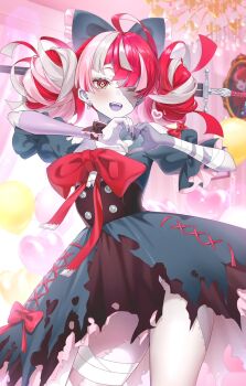 Rule 34 | 1girl, ;d, ahoge, balloon, black bow, black dress, blunt ends, bow, breasts, chandelier, chest bow, colored skin, colored tongue, commentary, diamond-shaped pupils, diamond (shape), double bun, dress, earrings, english commentary, fangs, flat chest, gradient eyes, green eyes, grey hair, grey skin, hair bow, hair bun, heart, heart balloon, heart hands, highres, hololive, hololive indonesia, impaled, indoors, jewelry, kureiji ollie, kureiji ollie (1st costume), large bow, long hair, looking at viewer, multicolored eyes, one eye closed, open mouth, patchwork skin, pink hair, puffy short sleeves, puffy sleeves, purple tongue, r0 fo, red bow, red eyes, red hair, short sleeves, small breasts, smile, solo, stitched arm, stitched face, stitched leg, stitches, sword, symbol-shaped pupils, thighs, torn clothes, torn dress, virtual youtuber, weapon, zombie