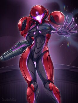 1girl arm_cannon armor artist_name assault_visor canadiananiguy full_armor highres metroid metroid_prime_4:_beyond nintendo power_armor power_suit_(metroid) purple_visor red_armor samus_aran two-tone_armor vi-o-la_suit weapon