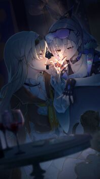 2girls absurdres black_gloves black_hairband black_jacket blush breasts cat cigar collarbone commentary_request cup drill_hair drinking_glass eyewear_on_head fingerless_gloves firefly_(honkai:_star_rail) gloves grey_eyes grey_hair hair_between_eyes hair_intakes hairband highres holding holding_cigar honkai:_star_rail honkai_(series) jacket long_hair long_sleeves looking_at_another memeiradesuyo multiple_girls ponytail purple_eyes shirt silver_wolf_(honkai:_star_rail) smoke smoking solo table white_shirt wine_glass