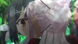 3girls animated black_hair blonde_hair chloe_von_einzbern fate/kaleid_liner_prisma_illya fate_(series) female_focus french_kiss hair_bun hair_ornament hairclip holding holding_another&#039;s_wrist holding_wand illyasviel_von_einzbern kiss long_hair looking_at_another magical_girl miyu_edelfelt multiple_girls outdoors pink_hair red_eyes restrained saliva saliva_trail saliva_trail single_hair_bun sound subtitled tearing_up twintails wand video yellow_eyes yuri