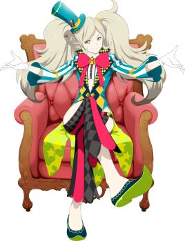 Rule 34 | 1girl, artist request, blonde hair, blue hat, chair, closed mouth, full body, game cg, gloves, green eyes, hair ornament, hat, highres, long hair, looking at viewer, magician, magilou (tales), multicolored pants, multicolored shirt, official alternate costume, official art, pants, pointy ears, shoes, sitting, smile, solo, tales of (series), tales of asteria, tales of berseria, third-party source, top hat, transparent background, very long hair, white gloves, yellow shoes