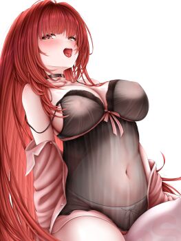 Rule 34 | 1girl, alternate costume, babydoll, black babydoll, black choker, blush, breasts, choker, commentary request, covered erect nipples, goddess of victory: nikke, highres, large breasts, lnyn (user vxdh4425), nightgown, open clothes, open mouth, open shirt, pink shirt, pink shorts, rapi (nikke), red eyes, red hair, see-through clothes, see-through nightgown, shirt, short shorts, shorts, solo