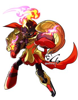 Rule 34 | 1girl, alternate design, armarouge, armor, artist name, battle damage, black helmet, breastplate, cracked armor, dirty, dirty clothes, fighting stance, fire, floating armor, full body, glowing, glowing eyes, helmet, highres, mechanical legs, nintendo, outstretched arms, pauldrons, pleated skirt, plume, pokemon, pokemon (creature), pokemon focus, red eyes, red skirt, shoulder armor, signature, single mechanical leg, skirt, sufferay, torn clothes, torn skirt, transparent background, yellow armor