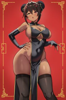 1girl absurdres ahoge black_gloves black_thighhighs breasts bright_pupils brown_hair china_dress chinese_clothes cleavage commentary covered_navel dark-skinned_female dark_skin double_bun dress elbow_gloves english_commentary fingerless_gloves gloves hair_between_eyes hair_bun hand_on_own_hip heterochromia highres large_breasts looking_at_viewer multicolored_hair no_panties open_mouth original pelvic_curtain red_background red_eyes red_hair scrapy short_hair side_slit simple_background solo standing thighhighs thighs tsumugi_kelissa_(scrapy) white_hair white_pupils yellow_eyes