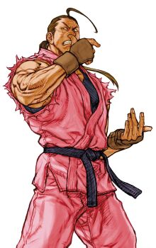 Rule 34 | 1boy, ahoge, bare shoulders, black hair, brown hair, capcom vs. snk 2, clenched teeth, dougi, fingerless gloves, from below, game cg, gloves, hibiki dan, highres, looking down, male focus, martial arts belt, mma gloves, muscular, muscular male, nishimura kinu, non-web source, official art, ponytail, simple background, sleeveless, solo, street fighter, teeth, torn clothes, torn sleeves, undershirt, v-shaped eyebrows, veins, veiny arms