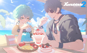 1boy 1girl abs artist_name beach black_hair black_jacket black_necktie blue_sky cake chair closed_mouth cloud commentary copyright_name dessert english_commentary eyepatch food glasses green_eyes green_hair highres horizon jacket mature_male necktie on_chair open_clothes open_jacket outdoors palm_tree pandoria_(xenoblade) parfait pectoral_cleavage pectorals pointy_ears round_eyewear shared_drink shared_straw simple_bird sitting sky smile toki0830 tree twitter_username water xenoblade_chronicles_(series) xenoblade_chronicles_2 zeke_von_genbu_(xenoblade)