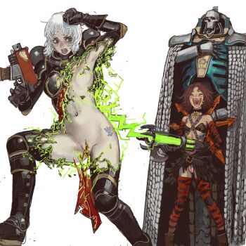 1boy 2girls absurdres adepta_sororitas arm_up armor belt blue_eyes bolter bra chain chaos_(warhammer) cloak cultist-chan disintegration dissolving_clothes fangs highres hip_tattoo holding holding_weapon laughing medium_hair mossacannibalis multiple_girls navel necron open_mouth panties pauldrons red_hair shoulder_armor striped_clothes striped_panties tattoo thighhighs trazyn_the_infinite underwear warhammer_40k weapon white_hair