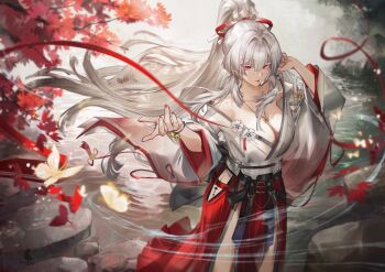 Rule 34 | 1girl, breasts, cleavage, closed mouth, colored eyelashes, commentary, english commentary, hair ribbon, hakama, hakama skirt, hands up, highres, hiyuki (wuthering waves), japanese clothes, kimono, large breasts, long hair, looking at viewer, miaosu, nail polish, red eyes, red hakama, red nails, red ribbon, ribbon, skirt, solo, tacet mark (wuthering waves), white eyelashes, white hair, white kimono, wuthering waves
