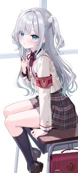 1girl aqua_eyes armband black_socks brown_shoes commentary_request desk grey_hair highres holding holding_notebook kaga_sumire kitano_yukito kneehighs loafers long_hair looking_at_viewer notebook on_desk one_side_up parted_lips red_armband revision school_desk school_uniform shoes sitting skirt socks solo very_long_hair virtual_youtuber vspo!