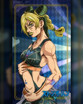 1girl blonde_hair braid breasts bun_with_braided_base butterfly_tattoo collarbone cone_hair_bun crop_top double_bun eyeshadow fingernails genda_art green_eyes green_eyeshadow green_hair green_lips green_nails hair_bun highres jojo_no_kimyou_na_bouken kuujou_jolyne lipstick makeup midriff multicolored_hair navel_piercing piercing solo spider_web_print star_(symbol) stone_ocean tattoo two-tone_hair