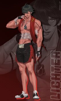 Rule 34 | 1boy, alternate costume, arm up, bandaged arm, bandaged chest, bandages, bicep strap, black gloves, boxing shorts, character name, clothing cutout, collarbone, commentary, dog tags, dotted background, english commentary, finger to mouth, fingerless gloves, full body, glove cutout, gloves, green eyes, grey hair, hair over one eye, highres, lighter (zenless zone zero), looking at viewer, male focus, open mouth, pikwat, red background, red scarf, scar, scar on arm, scar on chest, scarf, short hair, shorts, solo, twitter username, zenless zone zero, zoom layer