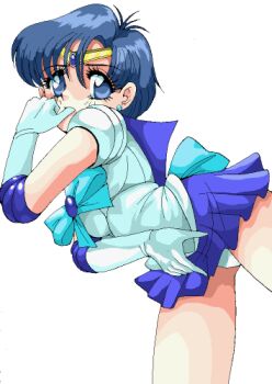 Rule 34 | 1990s (style), 1girl, bishoujo senshi sailor moon, blue bow, blue eyes, blue hair, blue skirt, blush, bow, brooch, clothes lift, earrings, eyeball (artist), gloves, jewelry, leotard, looking at viewer, lowres, magical girl, mizuno ami, retro artstyle, sailor mercury, sailor senshi uniform, short hair, skirt, skirt lift, standing, thumb to mouth, tiara, waist bow, white background, white gloves, white leotard