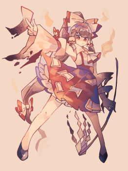 1girl adapted_costume ascot bow burnt_clothes closed_mouth commentary detached_sleeves fire fujiwara_no_mokou fusion gohei hair_bow hair_tubes hakurei_reimu highres holding holding_gohei long_hair looking_at_viewer pyrokinesis ratto_(mobilis_1870) red_eyes red_skirt shoes skirt solo suspender_skirt suspenders touhou very_long_hair white_ascot