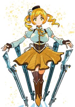 1girl absurdres beret black_hat blonde_hair boots breasts brown_boots brown_corset brown_gloves brown_thighhighs commentary corset drill_hair fingerless_gloves full_body gloves gun hair_ornament hat highres juliet_sleeves knee_boots long_sleeves looking_at_viewer magical_girl mahou_shoujo_madoka_magica mahou_shoujo_madoka_magica_(anime) planted_gun puffy_sleeves shirt skirt smile solo standing striped_clothes striped_thighhighs thighhighs tomoe_mami tomoe_mami_(magical_girl) twin_drills weapon white_shirt yamai_(fjeopswvjrrpwmf) yellow_eyes yellow_skirt