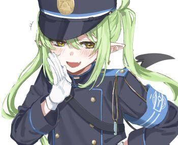 +++ 1girl armband black_jacket blue_archive blue_armband blush commentary_request fang gloves green_hair hair_between_eyes hat jacket long_hair long_sleeves looking_at_viewer nijikun nozomi_(blue_archive) open_mouth pointy_ears sidelocks simple_background solo tail twintails upper_body whistle white_background white_gloves yellow_eyes