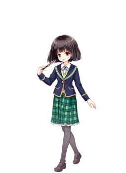 1girl black_hair black_pantyhose brown_eyes brown_shoes enjoji_kogiku folding_fan full_body girlfriend_(kari) green_ribbon green_skirt hand_fan loafers looking_at_viewer neck_ribbon official_art open_mouth pantyhose plaid_clothes plaid_skirt pleated_skirt qp:flapper ribbon school_uniform shoes simple_background skirt smile solo transparent_background