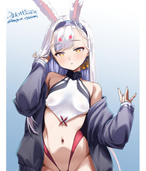 1girl absurdres animal_ears azur_lane breasts commentary_request dated_commentary hairband highres long_hair navel rabbit_ears rabbit_girl shimakaze_(azur_lane) small_breasts solo umyonge_(lkakeu) underboob white_hair