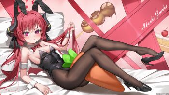 1girl alternate_costume animal_ears bed_sheet black_horns black_leotard black_pantyhose black_ribbon black_shoes blue_archive blush bow bowtie breasts cake cake_slice character_name cherry closed_mouth commentary dango demon_horns demon_wings detached_collar dobostorte english_commentary fake_animal_ears fine_fabric_emphasis food fruit hair_ribbon halo high_heels highleg highleg_leotard highres holding holding_own_hair horns junko_(blue_archive) leotard long_hair looking_at_viewer low_wings mitarashi_dango pantyhose pillow playboy_bunny pointy_ears pumps purple_eyes rabbit_ears reclining red_bow red_bowtie red_hair red_halo red_wings ribbon shoe_dangle shoes small_breasts smile solo strapless strapless_leotard stuffed_carrot twintails twitter_username v-shaped_eyebrows very_long_hair wagashi white_wrist_cuffs wings wrist_cuffs
