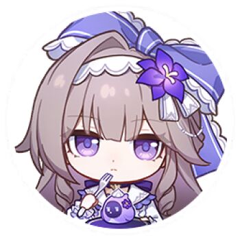 border brown_hair dress flower fork frilled_dress frills herta_(honkai:_star_rail) herta_(puppet)_(honkai:_star_rail) herta_(puppet)_(tea_break)_(honkai:_star_rail) herta_(simulated_universe_avatar)_(honkai:_star_rail) holding holding_fork holding_tray honkai:_star_rail honkai_(series) looking_at_viewer lowres official_art profile_picture purple_eyes purple_flower purple_ribbon ribbon round_border transparent_background tray white_ribbon
