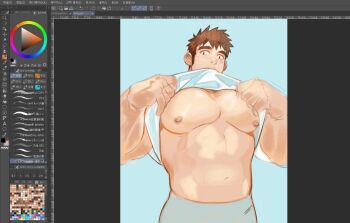 1boy art_program_in_frame bara bare_pectorals blush brown_hair clothes_lift cowboy_shot huge_pectorals large_hands male_focus medium_sideburns muscular muscular_male navel neilos nipples original pectorals shirt_lift short_hair solo spiked_hair standing stomach strongman_waist thick_eyebrows undressing unfinished