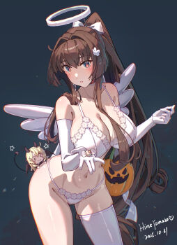 2girls artist_name black_background blonde_hair blue_eyes bra breasts brown_hair candy chibi cleavage commentary_request dated elbow_gloves food gloves halloween halo highres himeyamato holding holding_candy holding_food iowa_(kancolle) jack-o&#039;-lantern kantai_collection large_breasts long_hair looking_at_viewer multiple_girls navel panties ponytail single_thighhigh standing star_(symbol) thighhighs underwear underwear_only very_long_hair white_bra white_gloves white_halo white_panties white_thighhighs yamato_(kancolle)