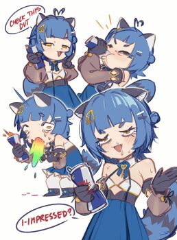 Rule 34 | 1girl, :3, absurdres, ahoge, animal ears, bags under eyes, bare shoulders, black gloves, black ribbon, blue hair, blue skirt, blunt bangs, blush, can, chachironi3, chromashift, commentary, detached sleeves, drink can, drinking, energy drink, english commentary, english text, eyelashes, gloves, hair bun, hair ornament, hairclip, heart, heart ahoge, highres, holding, holding can, leaf hair ornament, multiple views, poko rakun, poko rakun (1st costume), raccoon ears, raccoon girl, red bull, ribbon, saliva, short hair, simple background, single side bun, skirt, speech bubble, sweat, virtual youtuber, vomiting, vomiting rainbows, white background, yellow eyes