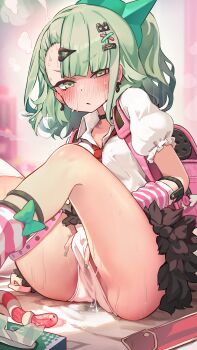 1girl absurdres arm_warmers backpack bag black_choker blush choker commentary_request earrings female_masturbation fingering fingernails green_nails hairpin highres leg_warmers loli looking_at_viewer masturbation masturbation_under_clothes multiple_hairclips musical_note_earrings nail_polish necktie nito_me object_insertion open_mouth panties pussy_juice randoseru red_necktie sex_toy short_hair short_sleeves solo spread_legs striped_arm_warmers striped_leg_warmers sunna_(zenless_zone_zero) sweat through_clothes underwear vaginal vaginal_object_insertion white_panties zenless_zone_zero