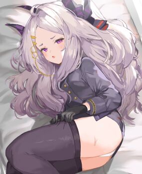 1girl ahoge ass bed_sheet black_gloves black_ribbon black_skirt black_thighhighs blue_archive blush buttons demon_girl demon_horns forehead gloves grey_hair hair_ornament hair_ribbon hairclip highres hina_(blue_archive) horns jacket loli long_hair long_sleeves looking_at_viewer lying military_uniform miniskirt missing_wings on_bed on_side open_mouth panties pantyshot parted_bangs purple_eyes ribbon skirt solo sorotu sweat thighhighs thighs underwear very_long_hair white_hair white_panties zettai_ryouiki