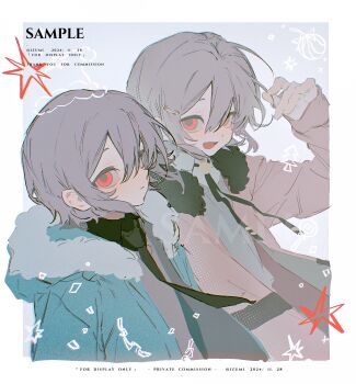 Rule 34 | 2girls, absurdres, blue jacket, border, closed mouth, commission, grey hair, hair between eyes, hair ornament, highres, jacket, long sleeves, looking at viewer, mihuashi commission, multiple girls, open mouth, original, pink jacket, red eyes, safety pin, sample watermark, screentones, short hair, siblings, sidelocks, sweater vest, twins, upper body, watermark, white border, xue ding kuangquan