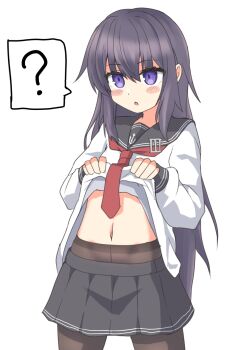 1girl ? akatsuki_(kancolle) anchor_symbol black_hair black_sailor_collar blush clothes_lift cowboy_shot highres kantai_collection lifting_own_clothes long_hair long_sleeves navel neckerchief no_headwear open_mouth pantyhose pepatiku pleated_skirt purple_eyes purple_hair red_neckerchief sailor_collar school_uniform serafuku shirt_lift skirt