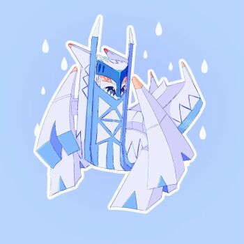 alternate_color archaludon badfish08 blue_background colored_sclera commentary_request full_body lower_teeth_only nintendo no_humans open_mouth outline pokemon pokemon_(creature) pokemon_focus sharp_teeth shiny_pokemon simple_background slit_pupils solo teeth white_outline yellow_eyes yellow_sclera